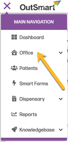 how to get to the office page - shows main menu open with arrow pointing to office option